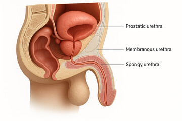 Male Urethra Anatomy Illustration: Prostatic, Membranous, Spongy Urethra Details [Illustration]