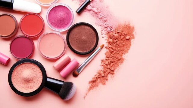 Flat lay of makeup products on a pink background, featuring blushes and brushes. Ideal for beauty video content with a top-down camera angle. Live desktop wallpaper.