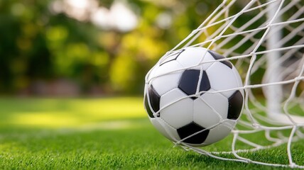 Soccer ball scoring, smashing into net against lush green pitch monochrome in contrast background