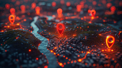 3D Map with Location Pins on Cityscape at Night