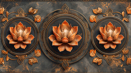 3D lotus flowers wall decor on marble with gold ornate frame
