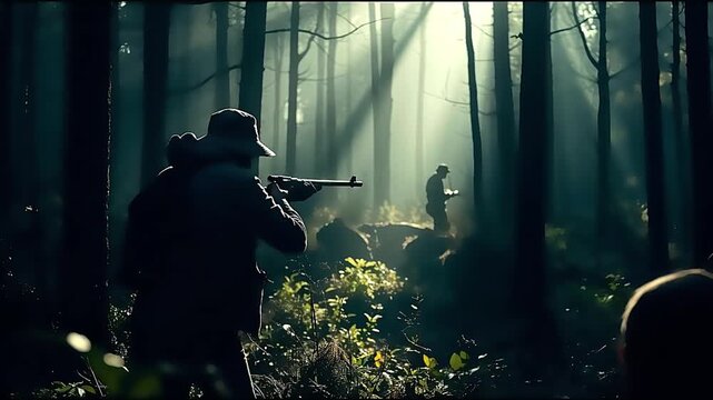 Soldiers in silhouette aim rifles in a sunlit forest dark figures stand amidst tall trees weapons raised