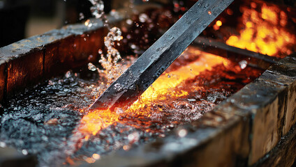 Forging a blade in hot metal and water at a blacksmith workshop during daytime