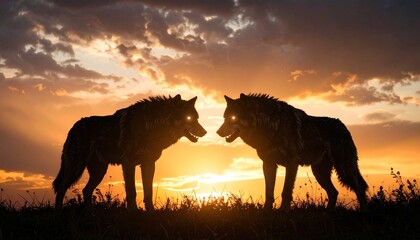 Fototapeta premium Two wild wolves with glowing eyes stand in powerful silhouette against a breathtaking golden sunset, embodying raw nature and intense connection in the untamed wilderness
