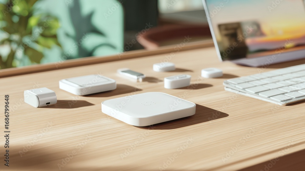 Poster peripheral device bundle featuring a focused wireless charging pad and compact devices surrounded by
