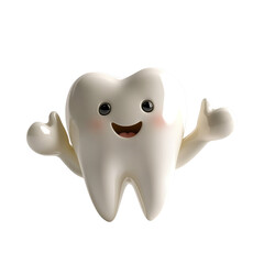 Obraz premium Cute anthropomorphic tooth character with smiling face and welcoming gesture, friendly dental health mascot, white background