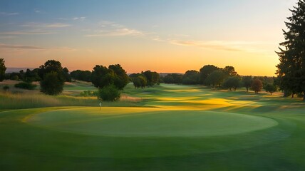 Serene golf course landscape at golden hour with calm water and lush green fairways