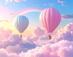 Fototapeta premium Illustration of colorful balloons on a blue sky with clouds on a white background