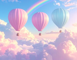 Obraz premium Illustration of colorful balloons on a blue sky with clouds on a white background