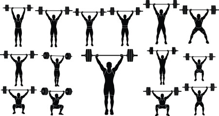 Silhouette of muscular man lifting heavy barbell in multiple weightlifting positions, strength training, fitness workout, gym exercise, powerlifting, athletic performance images