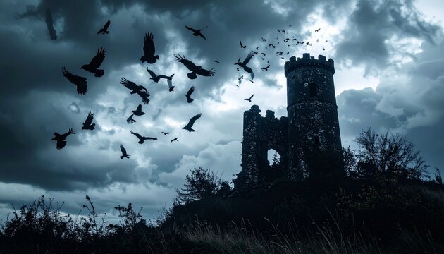 Ominous flock of crows swirling around an ancient, desolate stone tower against a dramatic, brooding sky, a scene steeped in mystery
