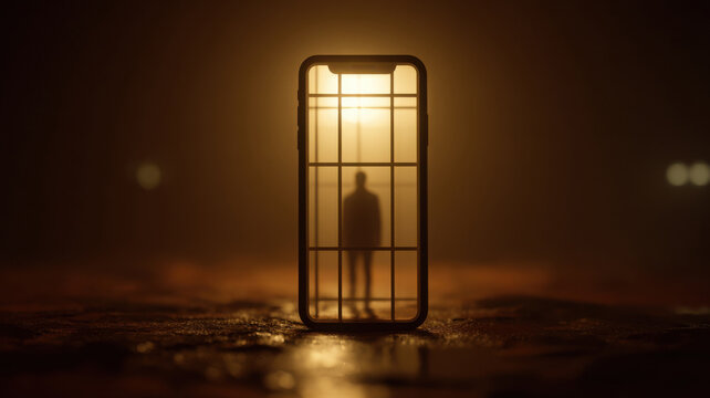 close up Smartphone glowing like a cage, trapping silhouette inside