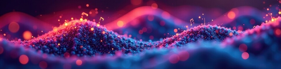 Close-up of musical notes forming wave patterns, vibrant colors , curve, art