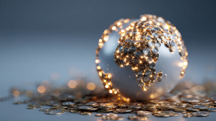 Globe wrapped in glowing coins symbolizing global fundraising
