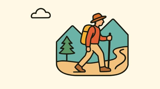 Traveler hiking in nature with backpack and hat exploring scenic mountains in flat vector style