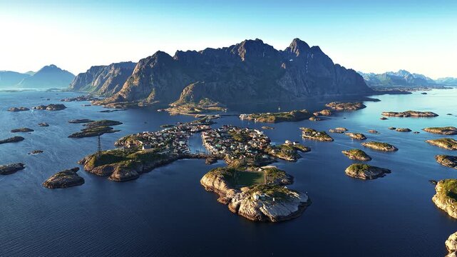 Reine, norway, lofoten islands aerial view at sunrise