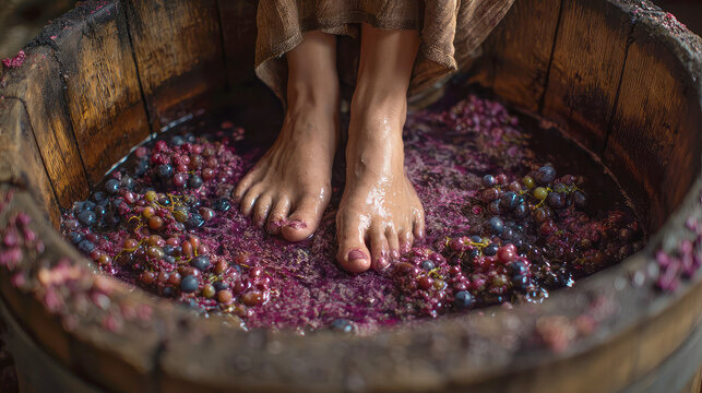 Exploring traditional grape stomping at a vineyard during harvest season in autumn