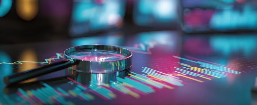 The Magnifying Glass Over Colorful Financial Charts and Digital Data Visualization - Powered by Adobe