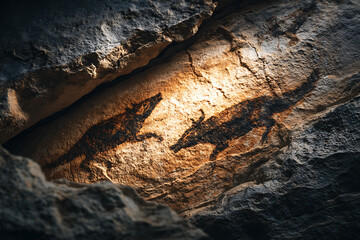 Cave painting depicting two animal figures, possibly lizards, illuminated by light in a dark cave