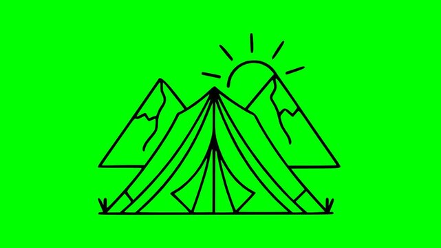 Minimalist vector drawing of campsite with tent and sun rising over mountains in nature landscape