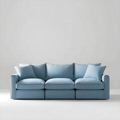 Spacious comfy 3-seater sofa with thick cushions, soft blue fabric, plain background, plush seating, and warm inviting vibe, perfect for stylish modern home interiors in 4K.