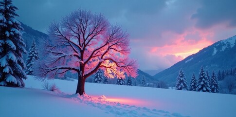 Majestic snow-covered tree, ethereal twilight glow , image, beautiful, scenic