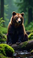 Rain-slicked spirit bear crosses mossy log, BC rainforest , wildlife, photography, tropical
