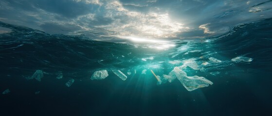 Fototapeta premium The plastic debris floating in the ocean illuminated by sunlight through water.