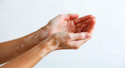 Hands of a person with vitiligo extended towards the viewer, showcasing the unique skin pattern.