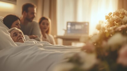 a patient in a comfortable bed, with family members by their side, symbolizing care, rest, and the end stages of life, blurred background of a hospital or care room