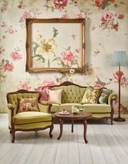 Retro living room with floral wallpaper