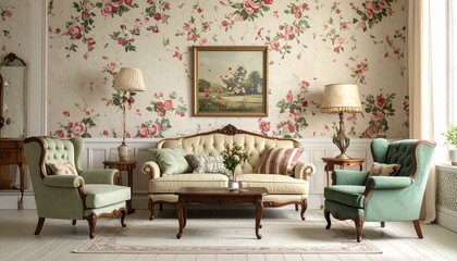 Retro living room with floral wallpaper