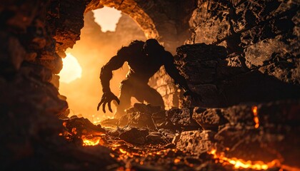 Terrifying beast-like monster emerges from the fiery depths of a dark, crumbling cavern under a stone archway