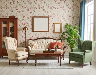 Retro living room with floral wallpaper