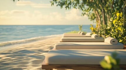 Obraz premium Beach chairs on the beach. Realistic table and chair massage video on the shoreline of resort. A field of field of a spa treatment at the ocean depth of 16:9. Chairs situated on lifestyle the shore.