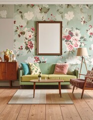 Retro living room with floral wallpaper
