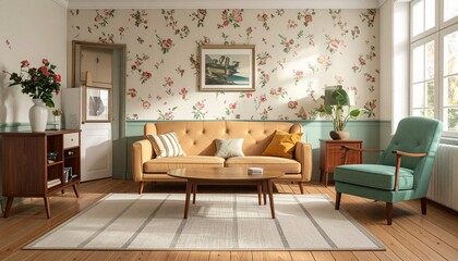 Retro living room with floral wallpaper