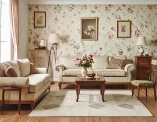 Retro living room with floral wallpaper