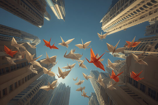 Origami birds soar between skyscrapers, a vibrant display of art and architecture against the blue sky