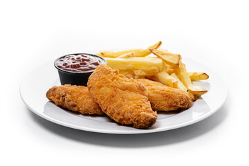 Crispy fried chicken tenders with french fries and ketchup isolated on white background