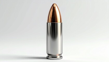 Single metallic bullet cartridge with rounded tip, standing upright on flat surface against dark gradient background