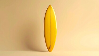 Yellow surfboard with pointed tip and visible fin, standing upright against a matching yellow wall in a monochromatic composition