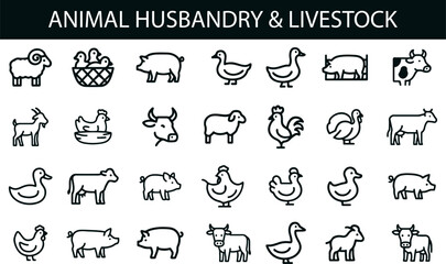 Animal Husbandry and Livestock Icon Set for Farming, Agriculture, and Rural Life UI Design