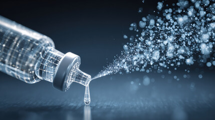 A futuristic nasal spray bottle with holographic elements showing atomized mist, symbolizing advanced respiratory relief.