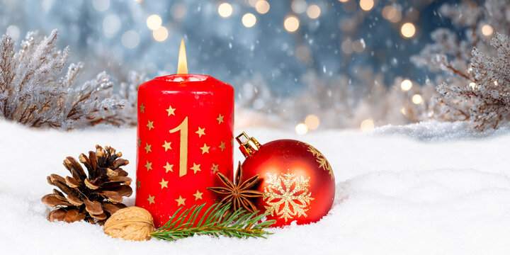 First 1st Sunday in advent with burning candle Christmas time winter panorama with copyspace copy space