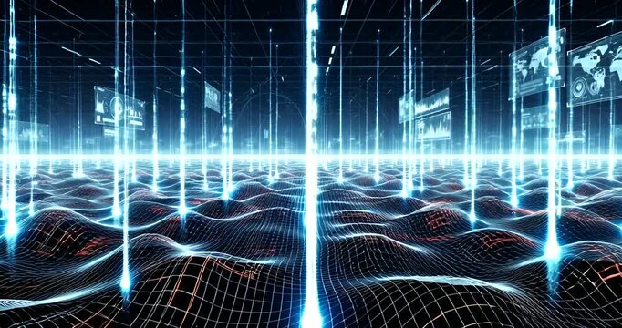 Futuristic Digital Landscape with Data Visualization and Glowing Connections, technology concept