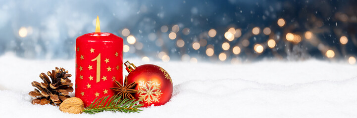 First 1st Sunday in advent with burning candle panorama Christmas time winter with copyspace copy space