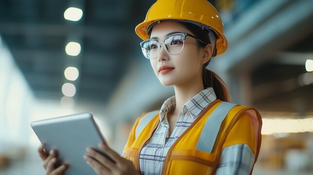 An asian woman in hard hat holding tablet computer. Realistic video of a woman architect and construction engineer. Renewable solar energy technologies on the site. A woman of asian descent lifestyle.