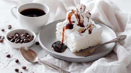 Delicious white cake slice with whipped cream and chocolate drizzle.
