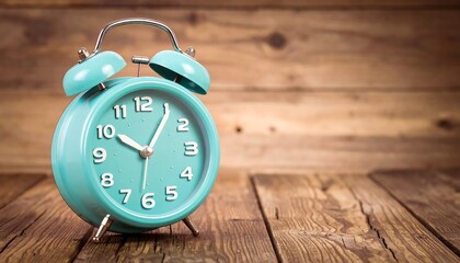 Vintage teal alarm clock on wooden planks